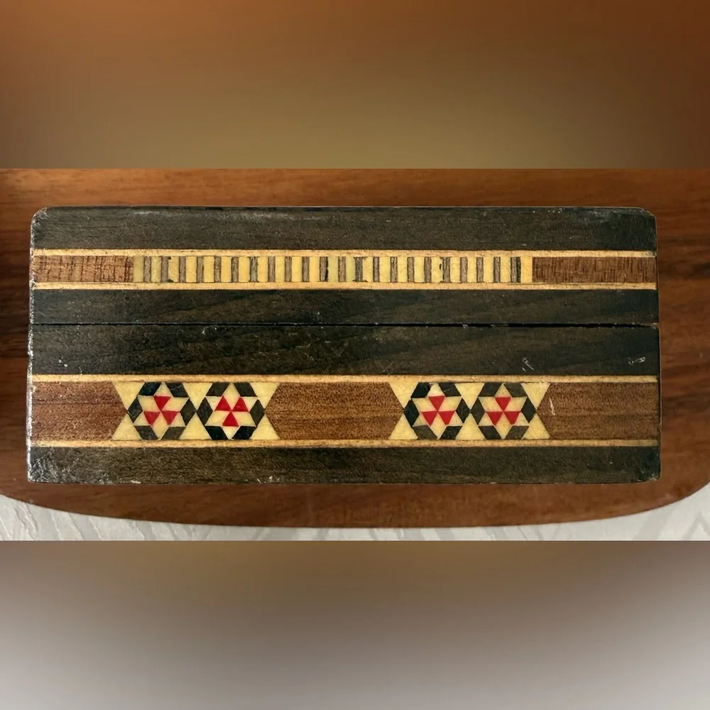 VTG Trinket Jewelry Wooden Box Inlay Mosaic Geometric